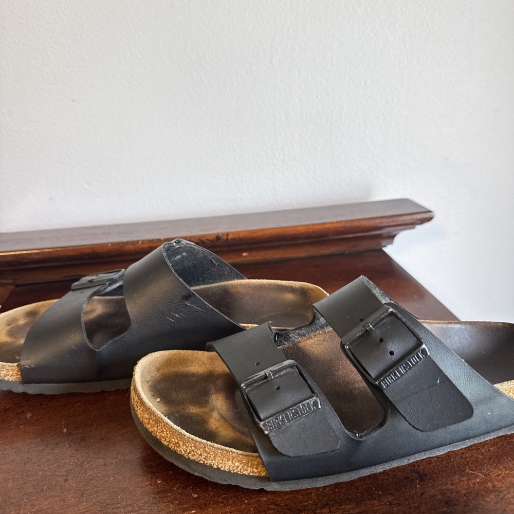 Size 40 Birkenstock Arizona Sandals Black Leather Double Strap Cork Footbed - Picture 3 of 14